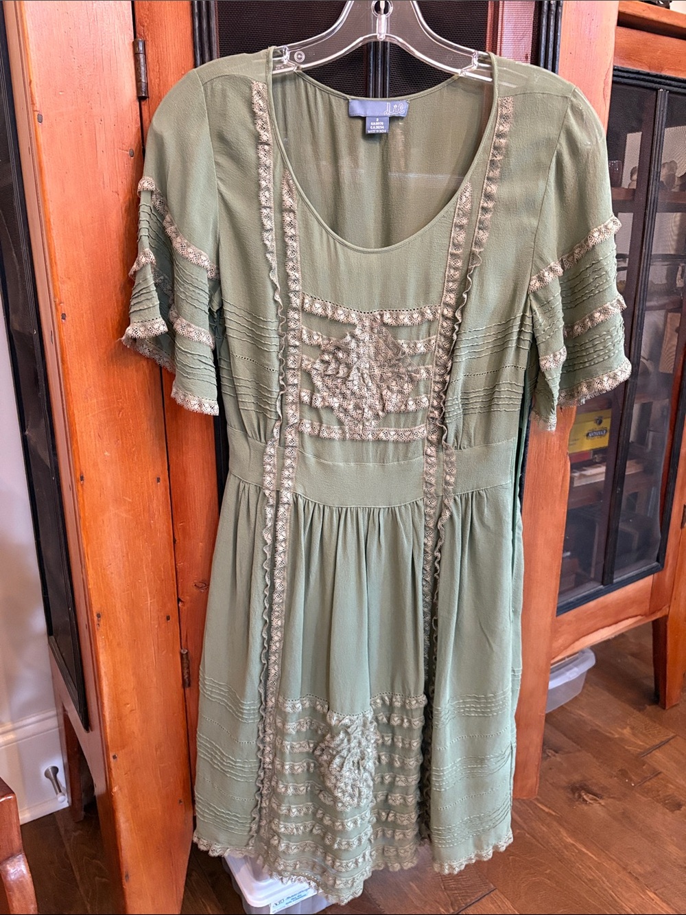 Anthropologie Olive Green Embroidered Short Sleeve Dress